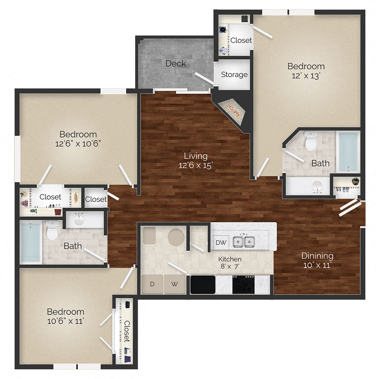 Floor plan for 3 beds, 2 baths, 1225 sqft
